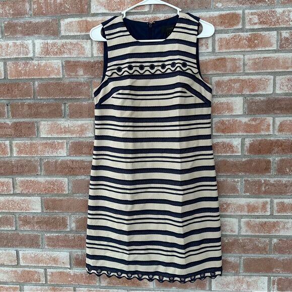 J. Crew Shift Dress Cream Navy Striped Woven Scalloped NEW Women’s 6 - Picture 2 of 9
